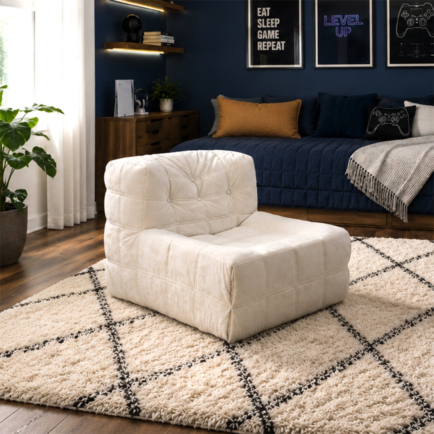 Fauteuil pouf compressé en velours beige ASSYA