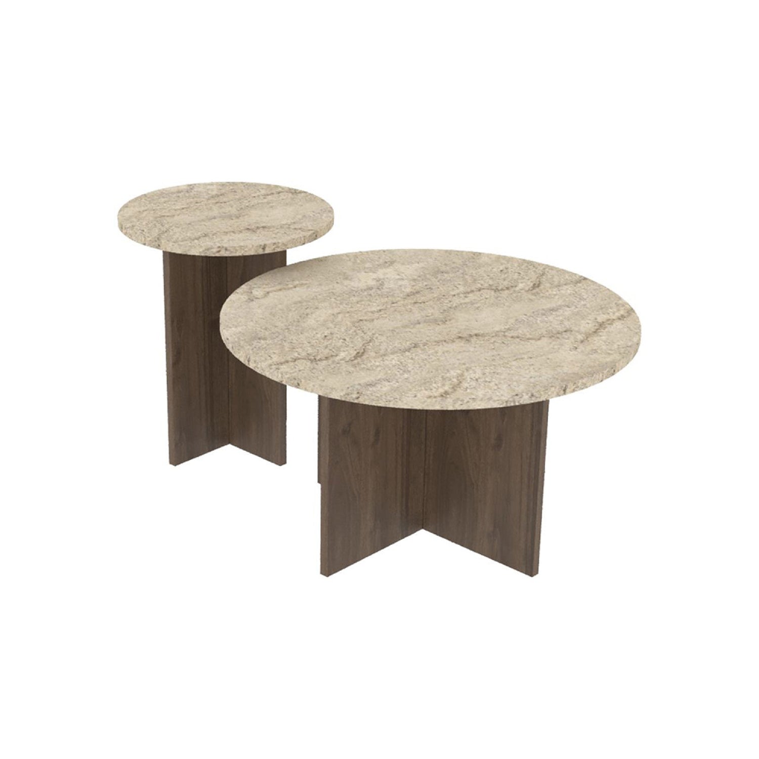 Ensemble de 2 tables basses rondes effet travertin et noyer COMBI