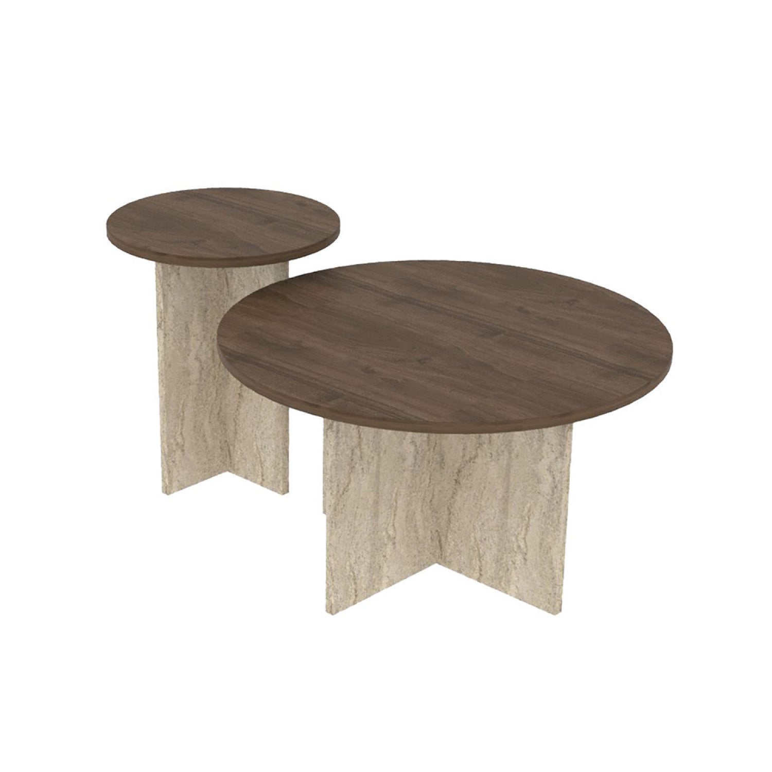 Ensemble de 2 tables basses rondes effet noyer et travertin COMBI
