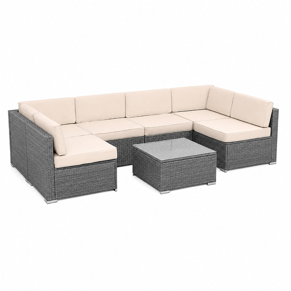 Salon de jardin 6 places modulable en résine tressée gris et beige DREKETI