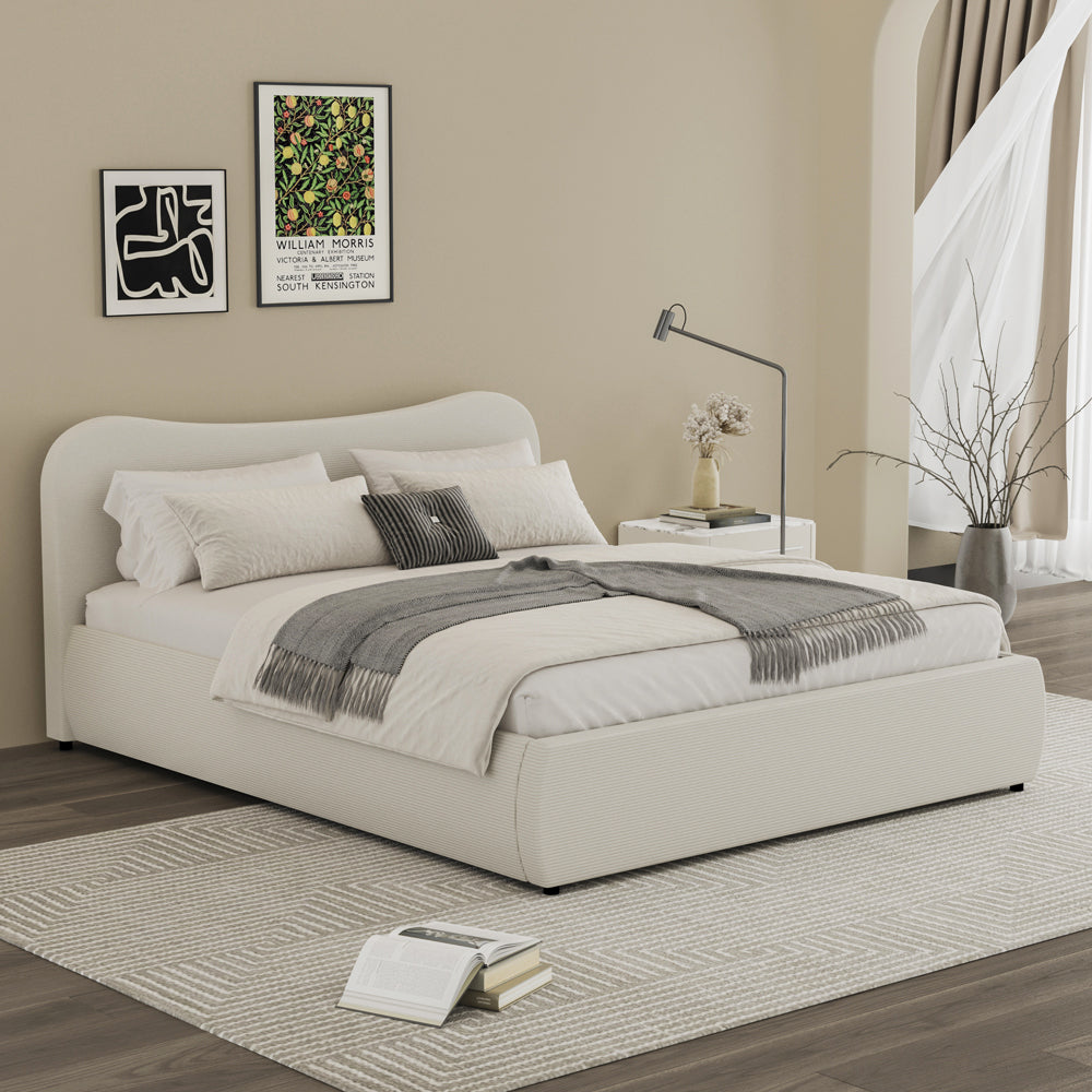 FOLLONICA Lit coffre 160x200cm design arrondi velours côtelé beige